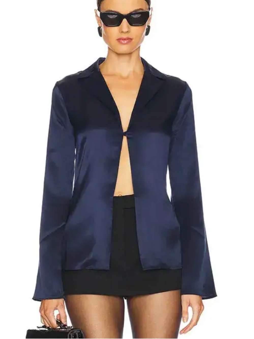Eaves Gilad silk shirt Navy Satin Open front single button Revolve Sz XS
